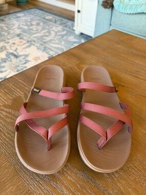 Teva Rust-Red Strap Brown Footbed Slide Sandals